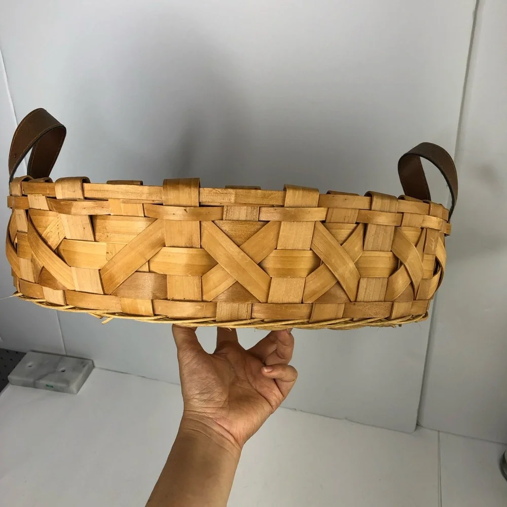 VTG Oval Wood Woven Basket Tray Faux Leather Handles w/ Round Organizer Dividers